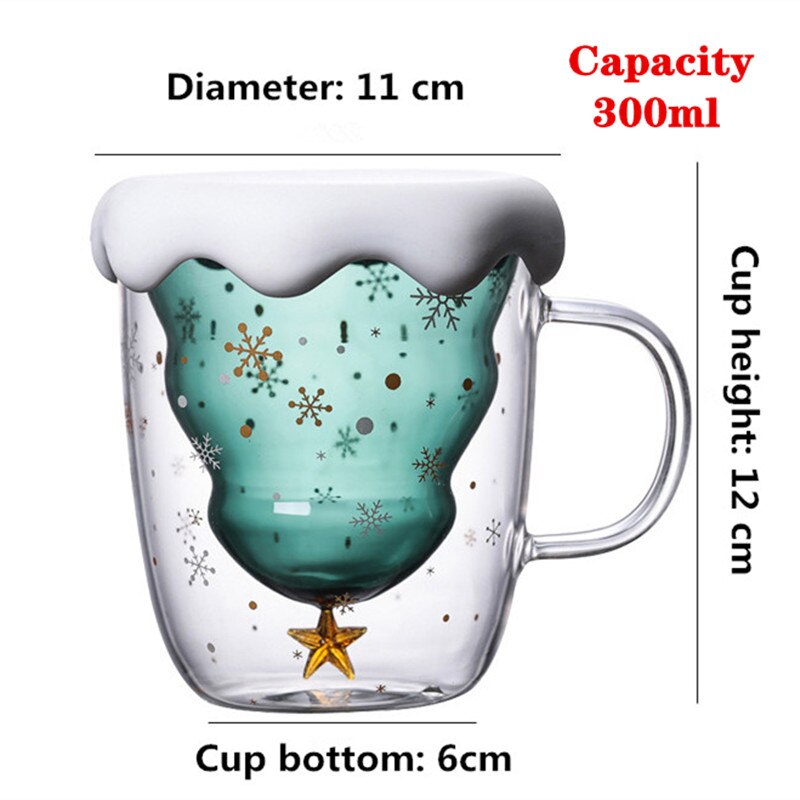 Schattige kerstboommok, dubbelwandige glazen koffiekopjes met siliconen deksel, sneeuwvlokster, kerstwijn, thee, melk, water, beker: B 300ml