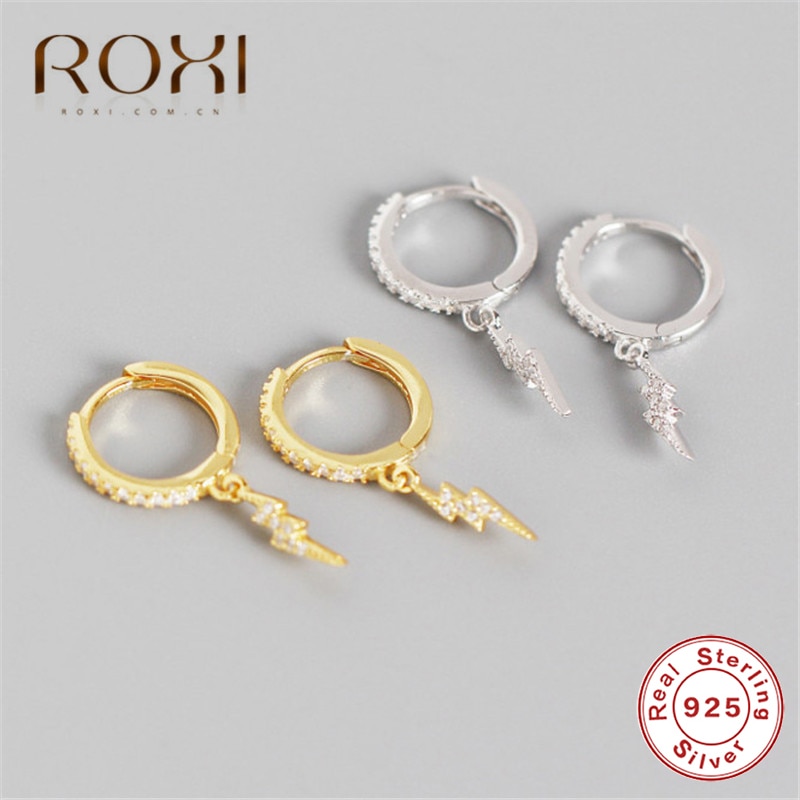 Roxi Punk Stijl Lightning Hanger Huggie Oorbellen 925 Sterling Sliver Kleine Oorbellen Voor Vrouwen Micro Effent Cz Ronde Hoop Earring