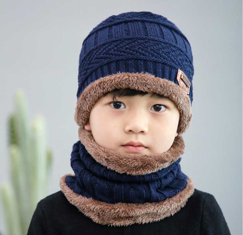 Kinderen winter gebreide muts en sjaal handschoenen set jongen meisjes warme pluche muts 3- delige sets kind outdoor skimuts sjaals effen: Marineblauwe set van 2 stuks