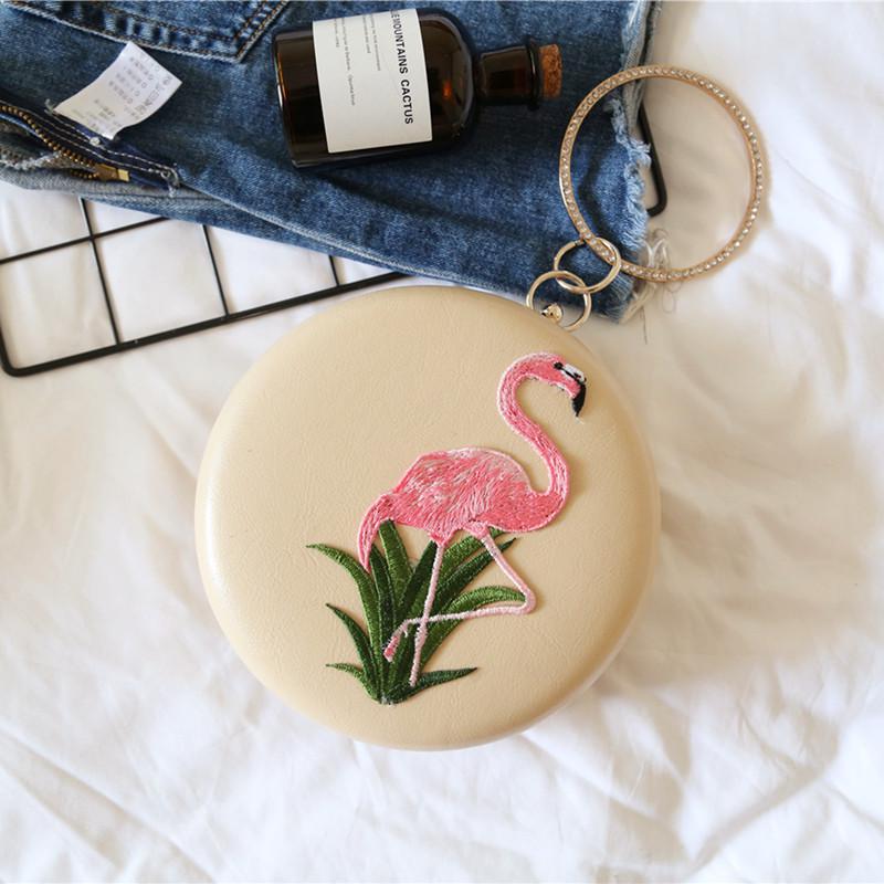 Women's Round Evening Bag - Vintage Style - Flamingo Embroidery - PU Leather - Chain Strap: Gold