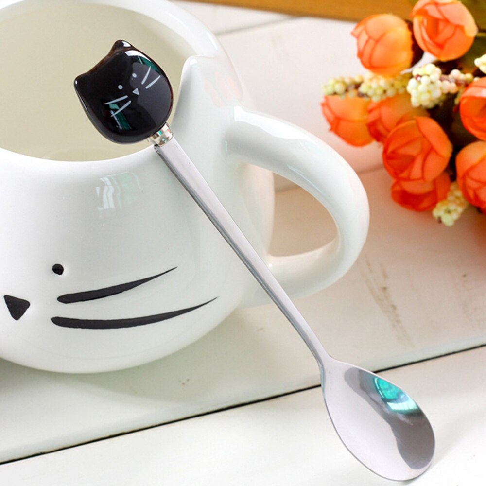 1 Pc Ceramic and Stainless Steel Small Spoons Cartoon Kitty Coffee Tea Stirring Spoon (Black Kitty)