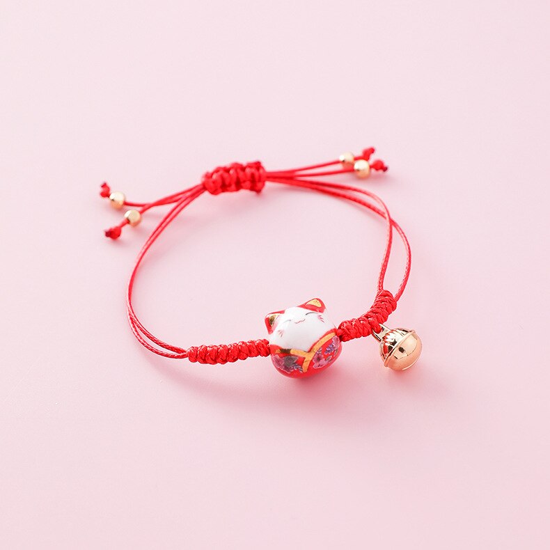 Doreen-pulsera de cuerda de gato de cerámica Kawaii para mujer, brazalete sencillo tejido a mano, cuentas de borla, joyería de de estilo japonés: Big Cat-Red