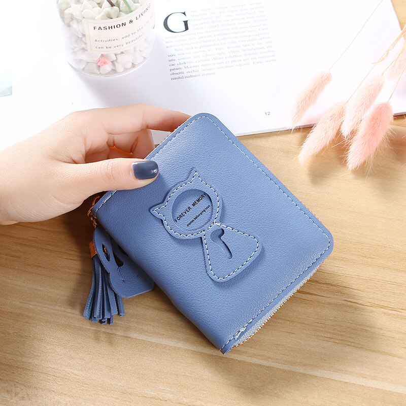 Wallets Tassel Short Wallet For Woman Zipper Mini Coin Purse Ladies Small Wallet Female Leather Card Holder: blue