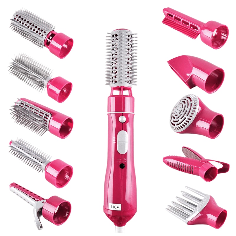 Kam hårborste 10 in 1 elektriska hårrullare multifunktionell torktumlare med roterande styler papiljotter rosa us-plugg: Default Title