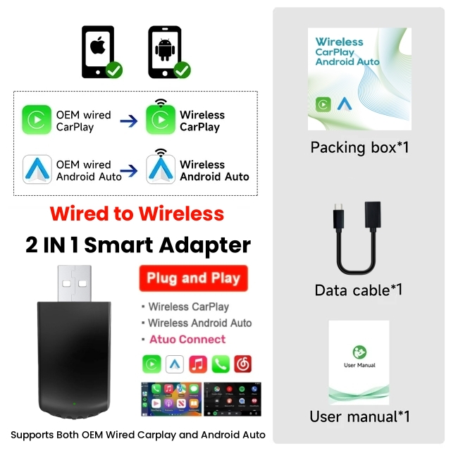 Carplay trådlös 2 in adapter minibox wifi snabb anslutning trådbunden till trådlös android auto för 1 /typ c dongle plug and play: Default Title