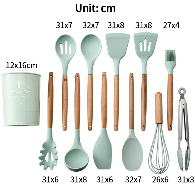 Kitchen Tools Natural Acacia Wood Silicone Cookware Utensil Set Cozinha Spatula Soup Pasta Mestoli Silicone Kitchen Accessories