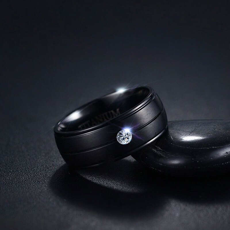 VNOX Men's Punk Pure Titanium Black Ring 8mm Matte Wedding Bands with CZ Stone Titanium Rings Men Jewelry