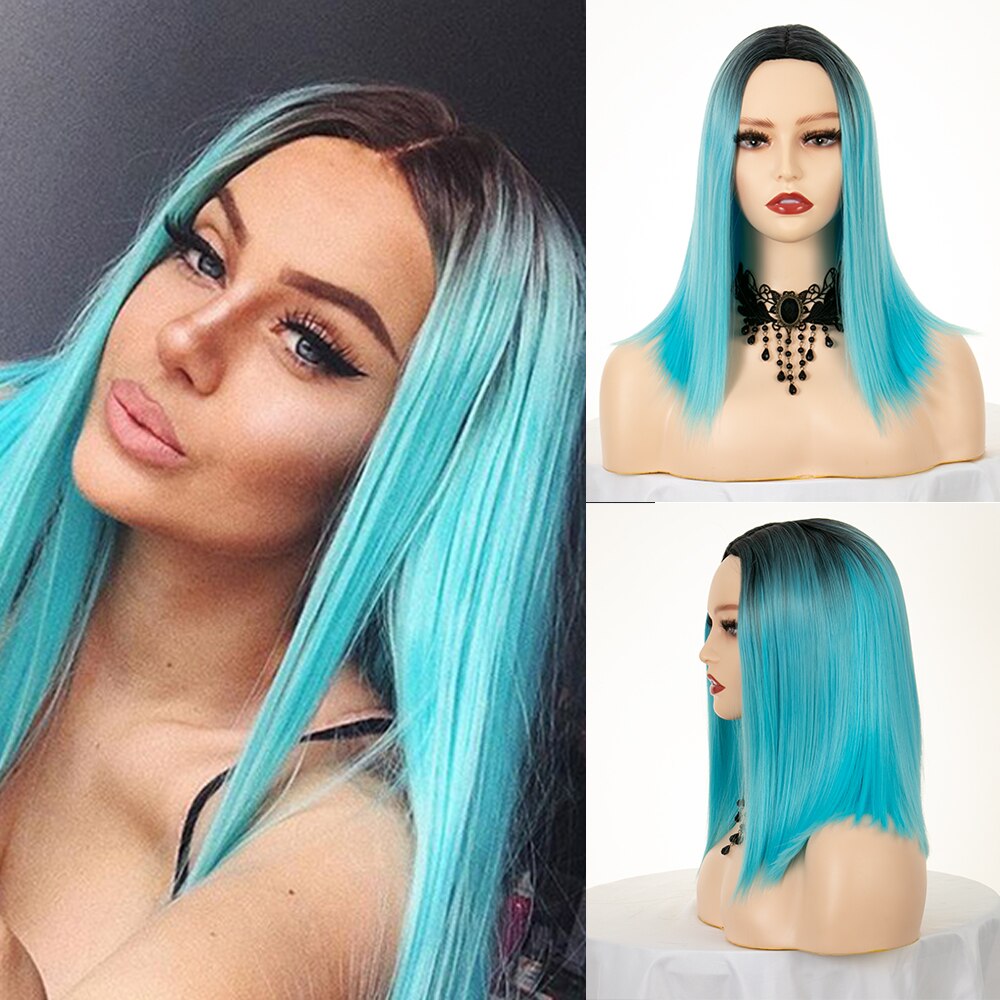 Ombre Straight Blue Wig Middle Part Short Bob Synthetic Hair 14&quot; Shoulder Length With Dark Roots Cosplay Costume Wigs For Women: 1BT Blue