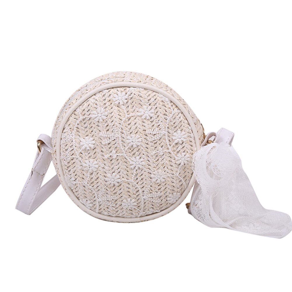 Casual dames vintage crossbody messenger bags voor mode zomer strandvakantie stro kant ronde schoudertassen: Wit
