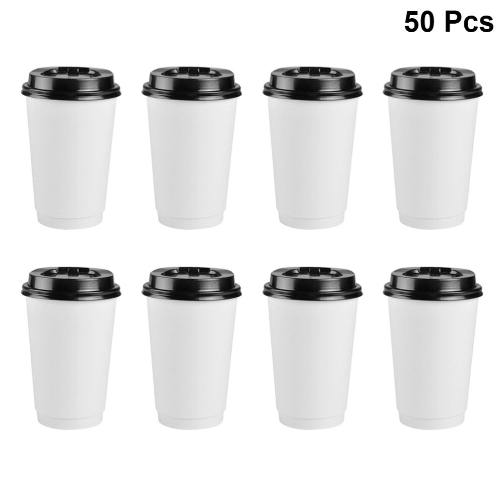 50 Stuks Wegwerp Koffie Kopjes Isolatie Takeaway Double-Layer Papier Cup Met Deksel (8Oz, 280Ml)