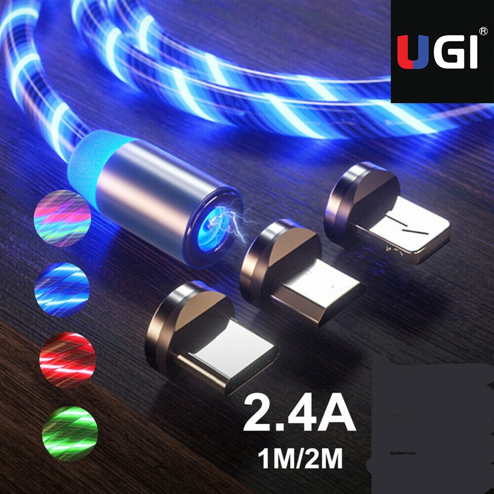 UGI – câble magnétique 3 en 1 pour IOS et Android, Micro USB type-c, lumière LED brillante, chargeur pour téléphone Samsung, Xiaomi, OnePlus, HTC