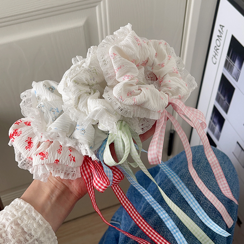 Nova primavera/verão floral grande scrunchie ballet-estilo tecido banda scrunchie renda doce de alta qualidade cabeça corda faixa de couro cabelo a