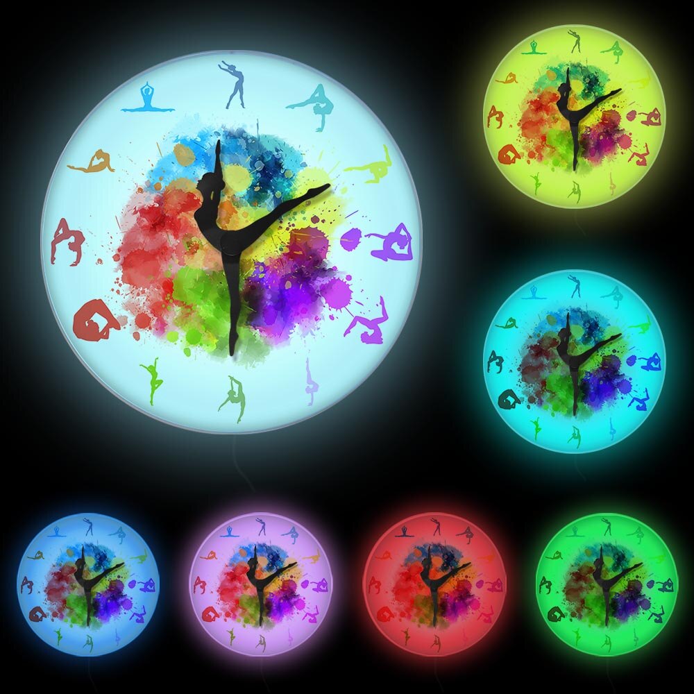 Gymnastiek meisjes kleurrijke bedrukte wandklok sport huisdecoratie turnster bewegende klok wijzers decoratief wandhorloge voor meisjeskamer: Wit frame met led