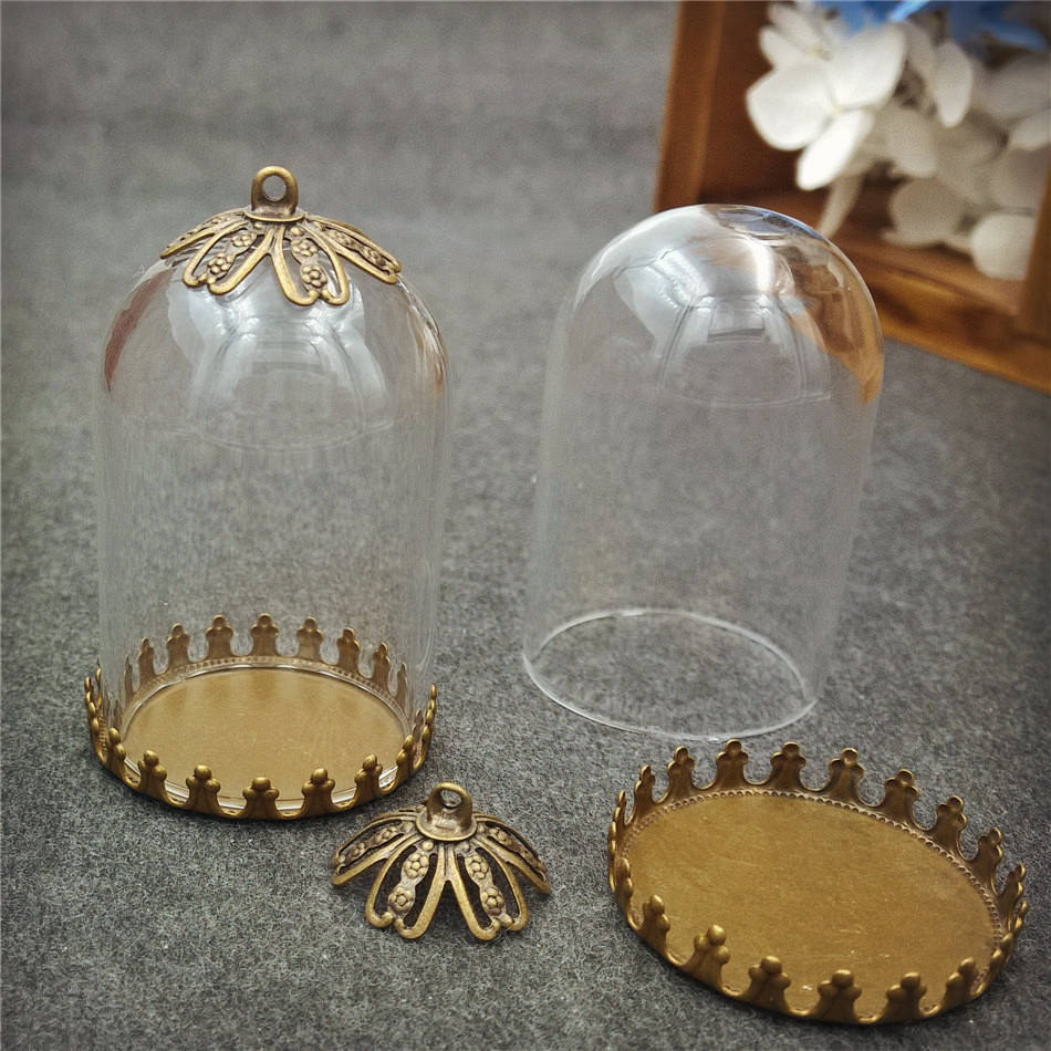 5sets/lot 38*25mm tube glass globe bronze tiny crown base beads cap glass vial pendant necklace pendant glass dome: flower cap set