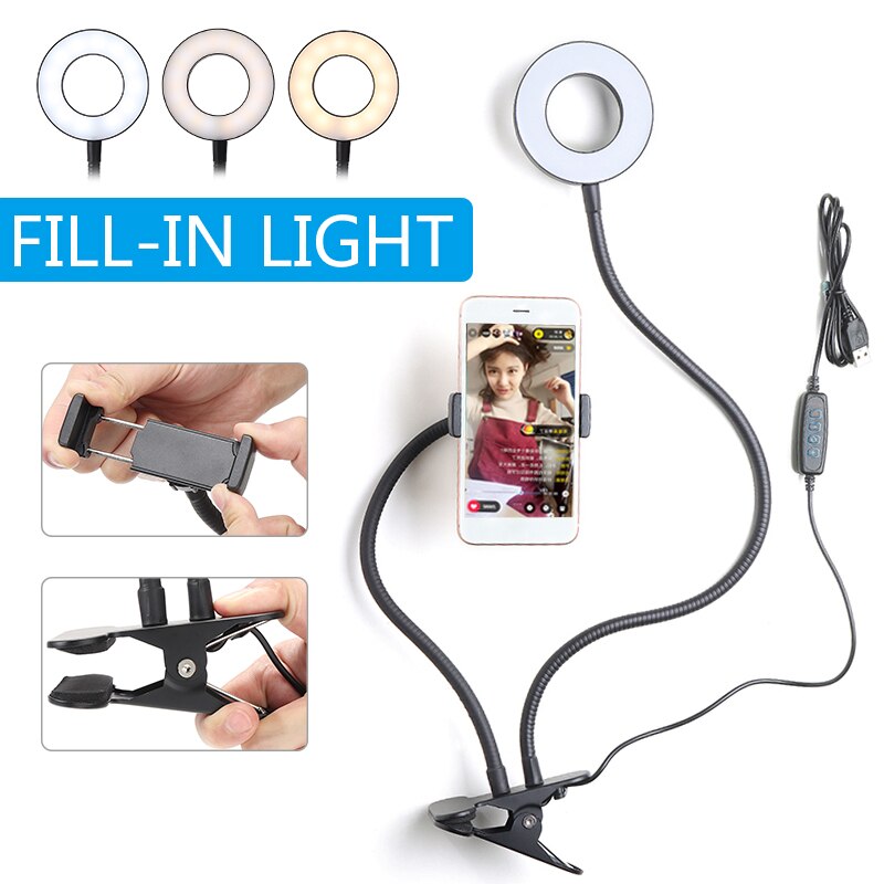 Fotografia foto lâmpada led flexível braço longo com suporte de celular ajustável 24 led anel luz preenchimento suporte usb telefone clipe