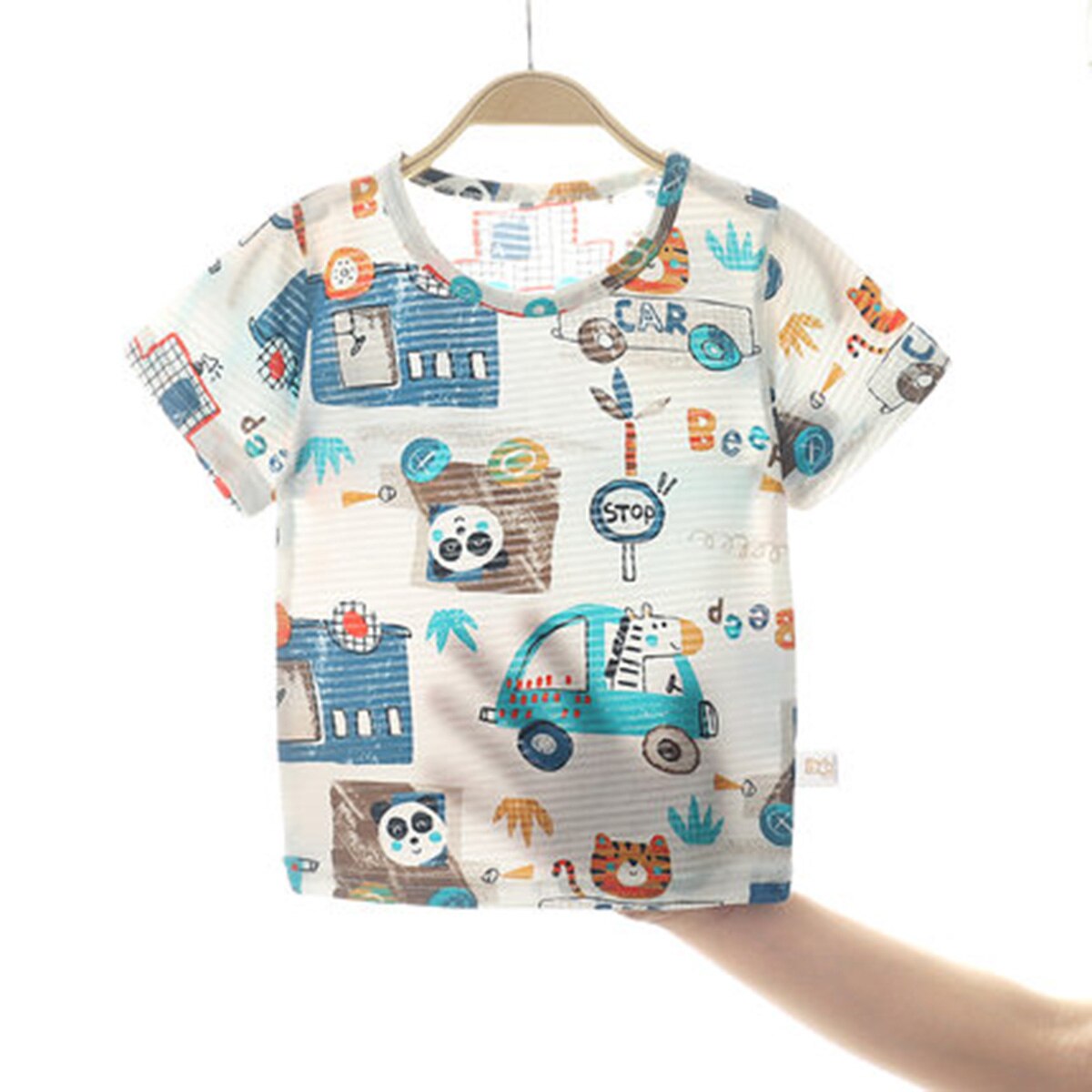 Haut d'été en coton à manches courtes pour petits enfants, motif dessin animé mignon de voiture ou de dinosaure, haut ample à col rond, vêtements sauvages