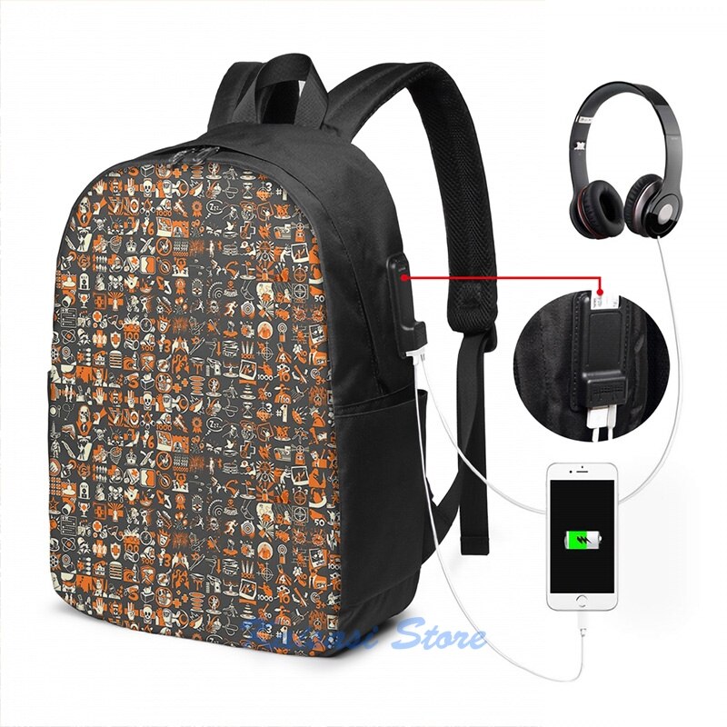 Team Fortress 2 Achievement Pattern USB Charge Backpack men School bags Women bag Travel laptop bag: USB Backpack 17 in