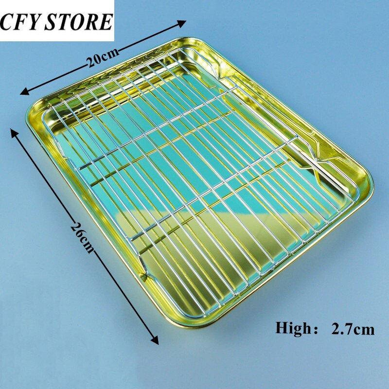 Stainless Steel Rectangle Plate with Net Rack Restaurant Fish BBQ Fried Chicken Cooling Serving Plate Skewers Seafood Tableware