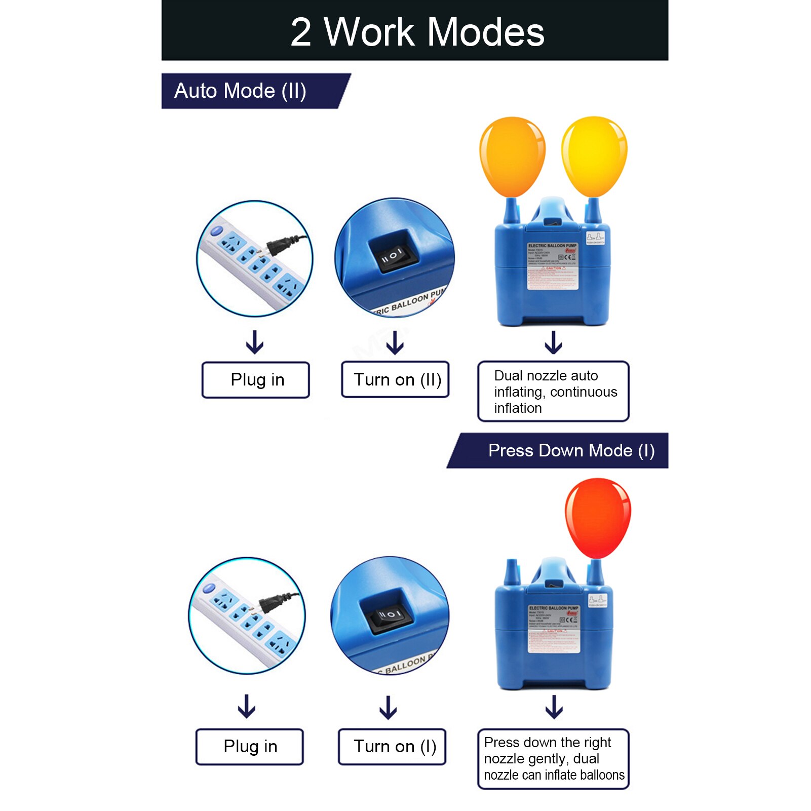 Electric Balloon Pump 680W Dual Nozzle Balloon Blower Auto/ Push Down Mode Balloons Inflator with Extension Nozzles 220~240V