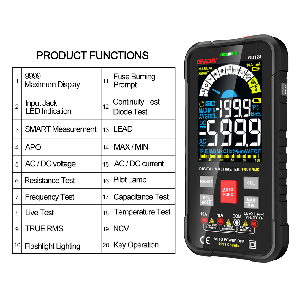 GVDA 9999 Counts Digital Multimeter Auto Range 1000V 10A Tester Meter Ohm Hz Capacitance True RMS AC DC DMM Smart Multitester