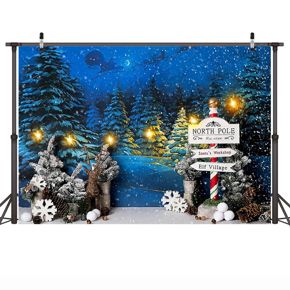 Christmas Snow Night Photography Backdrop Xmas Winter Birthday Photo Background Pine Dreamy Santa Sleigh Light Photocall Props