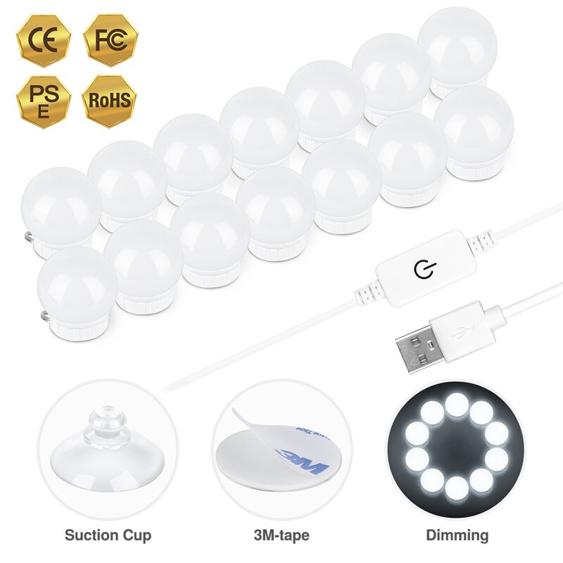 Dc5v 2/6/10/14 lampen led make-upspiegel gloeilamp hollywood make-up ijdelheidsverlichting usb wandlamp dimbare kaptafelspiegel