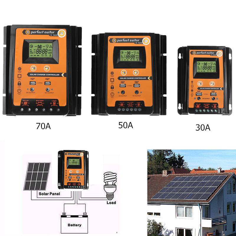 30a 50a 70a solar charge controller mppt 12v 24v auto regulator  pv 50v hjem batterioplader lcd dual usb