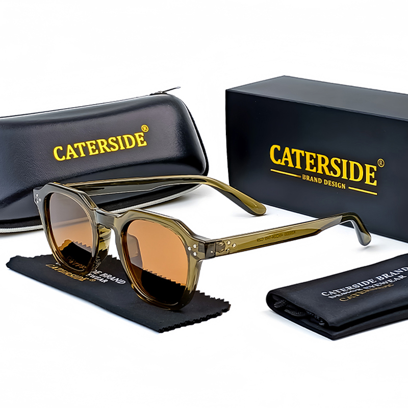 CATERSIDE gafas de sol polarizadas Retro para hombre, gafas de sol poligonales ultraligeras TR90 con montura UV400, gafas de viaje de para exteriores: Café