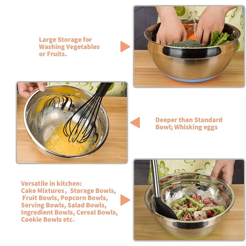 5 stk blandeskåle rustfrit stål salatpotter madopbevaring køkkenskåle til madlavning bagning servering  (1.5/2/2.5/3.5/4.5qt)