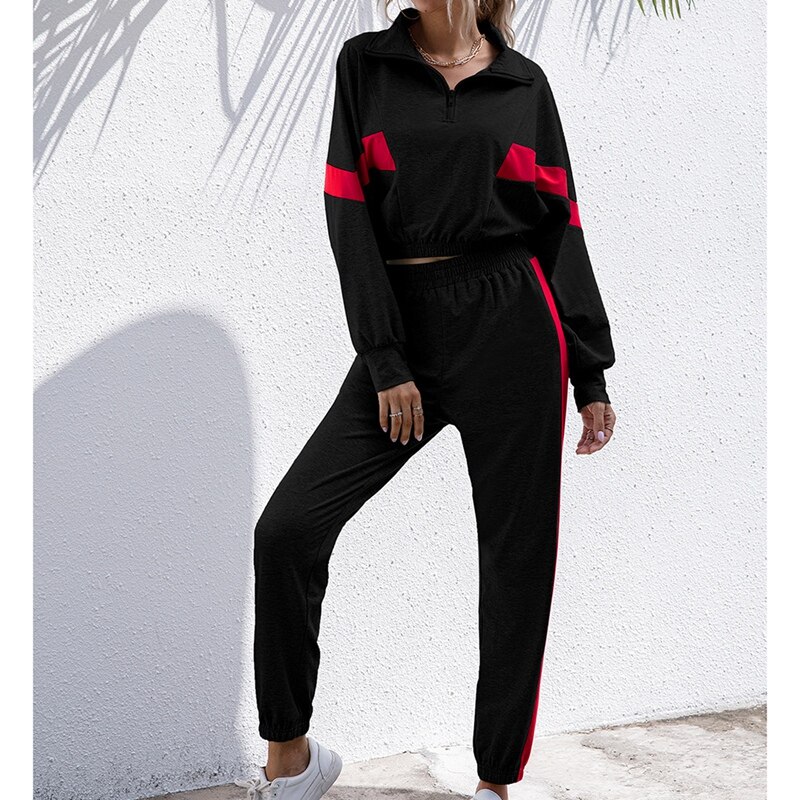 Frauen 2 Stück Set Lässige Sportswear 2 Stück Set Frauen Schweiß Hosen Sweatshirt Outfit: Black / L