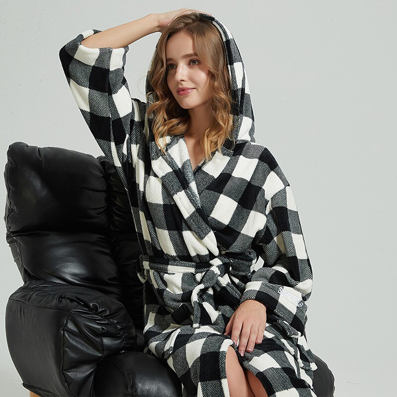 Bata de baño de franela con capucha para hombre y mujer, pijama de longitud media a cuadros, bata de dama de honor con cordón, Otoño e Invierno