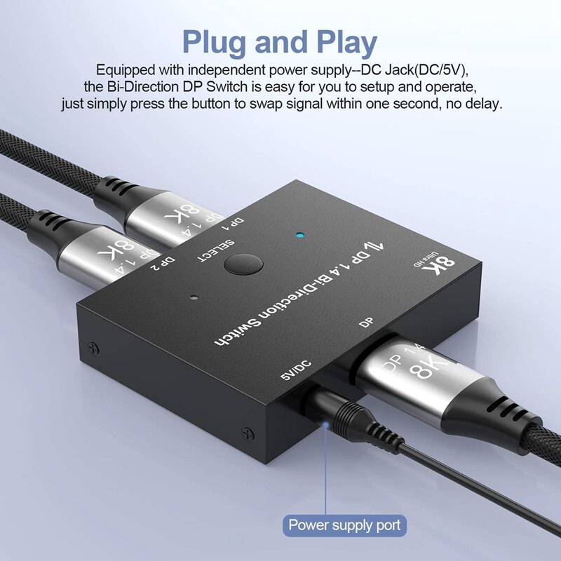 MOOL Displayport Switch, 8K Bidirectional DisplayPort 1.4 Switch Converter DP 1 X 2 Splitter for PC Projectors Monitors
