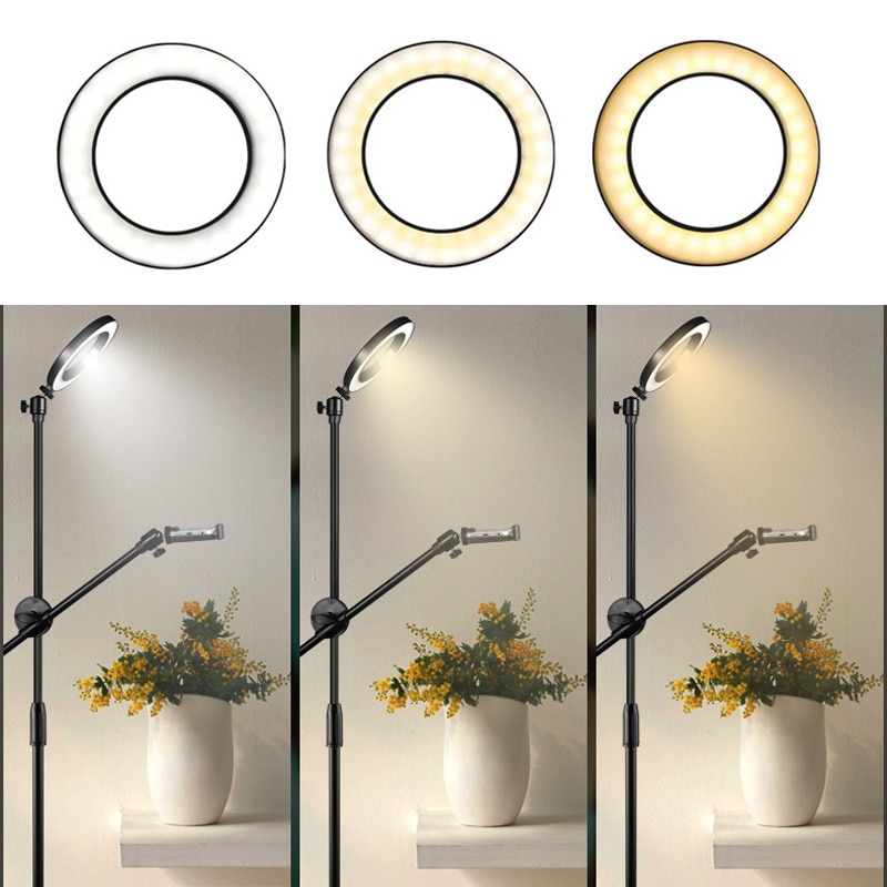 Phone Photography Beauty LED Ring Light Lamp Dimmable Adjustable Shooting Boom Arm Photo Light Studio Stand Tripod Holder Kit