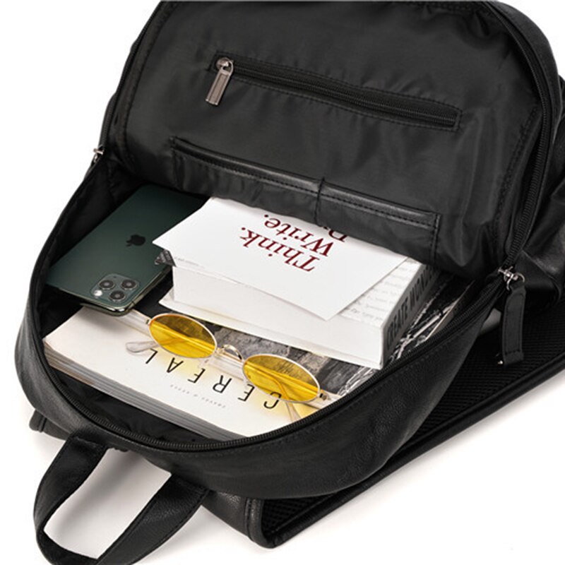 Vicuna polo unisex leren rugzak voor heren, eenvoudige, effen zwarte, zachte leren reis-laptoprugzak, mochila hombre