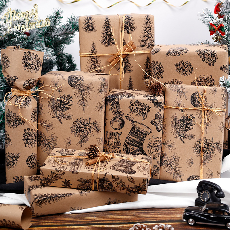 1 Roll Wrapping paper 17inch x 118inch wrap, Christmas Wrapping Paper, Kraft Paper - Black Pinecone Xmas kraft paper ﻿