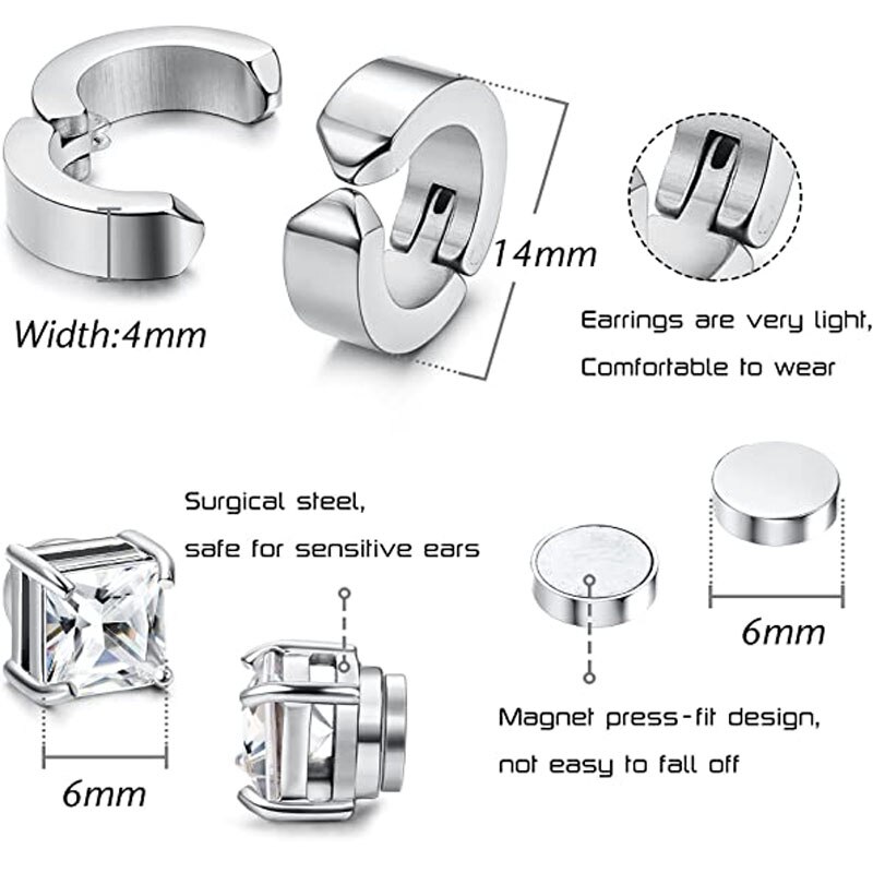 Boucles d&#39;oreilles magnétiques en acier inoxydable, 6 paires, Clip sur CZ, sans perçage, pour hommes et femmes, tous âges