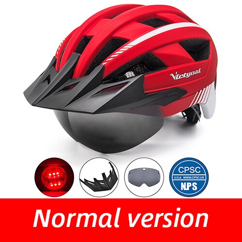 Victgoal Bicycle Helmet LED Moutain Road USB Rechargeable Light Cycling Helmet For Man Sun Visor Goggles Men MTB Bike Headgear: Red LED