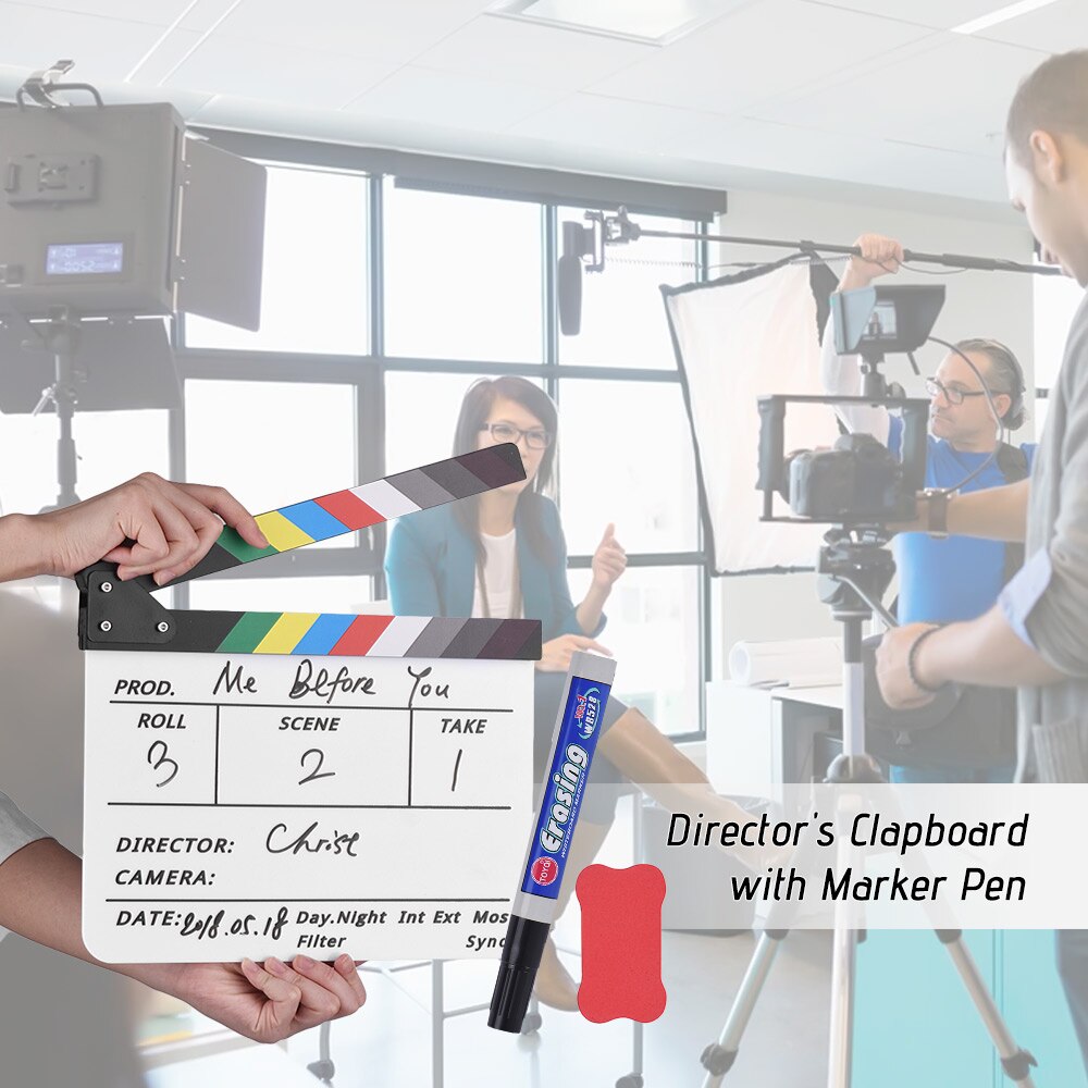Andoer filmklappe, acryl-schindel, trocken abwischbar, tv-film, regisseur, action-szene, schiefertafel mit markierungsstift, radiergummi
