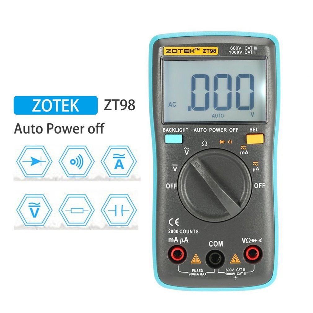 ZT98 Mini Auto Range Digital Multimeter 1999 counts AC/DC Ammeter Voltmeter 550V Overload Protection LCD Backlight