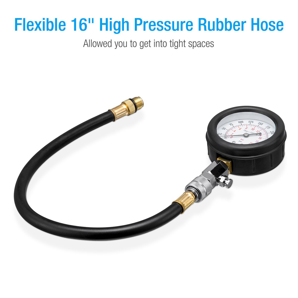 Car Pressure Gauge Cylinder Compression Tester from 0-20 Bar or 0-300 psi Compression Gauge Tester with M10 M12 M14 M18 Adapter