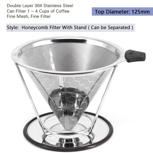 Reusable Coffee Filter Stainless Steel Double Layer Mesh Basket Brewing Coffee Holder Cone Funnel Dripper Coffee Making Tools: Honeycomb Filter