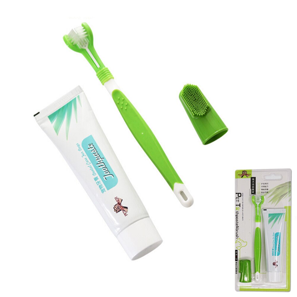 Pet Toothbrush Toothpaste Kit Three Sided Dog Brush Addition Bad Breath Tartar Teeth Care Dog Cat Cleaning Mouth Dog toothbrush: B  set