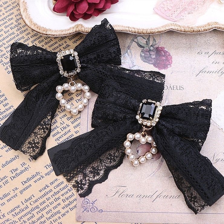 【1 par】Pinzas para el cabello Lolita, accesorios para el cabello de encaje, accesorios de perlas, artículo para niñas, accesorios Y2K, lazos para el cabello, pasador para el cabello para niña, cosa bonita: Negro