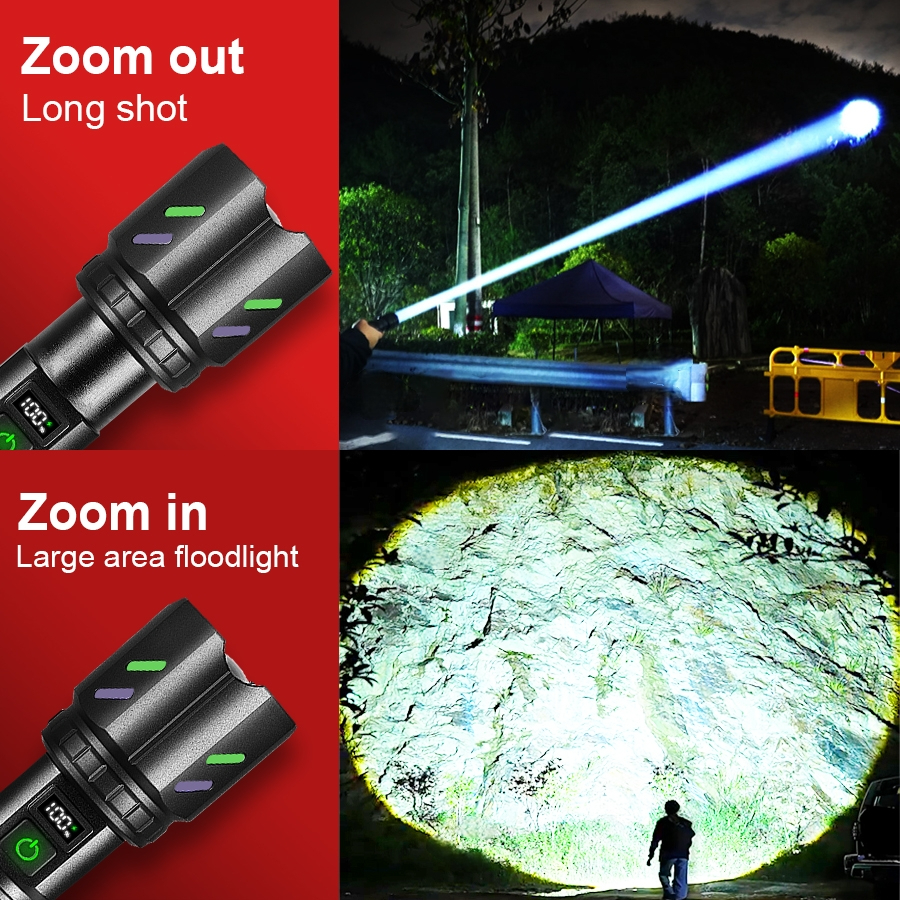 Ultra leistungsstarke Lampe mit 5 Modi, wiederaufladbare Super-Hochleistungs-LED-Taschenlampe, Outdoor-Laterne, Camping-Taschenlampen, kann Feuer machen