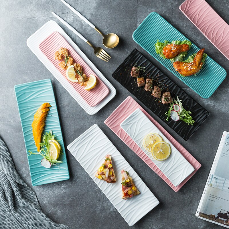 Nordic Ceramic Rectangular Sushi Long Plate Dessert Cake Snack Pastry Western Food Salmon Sashimi Grilled Chicken Wings Plate