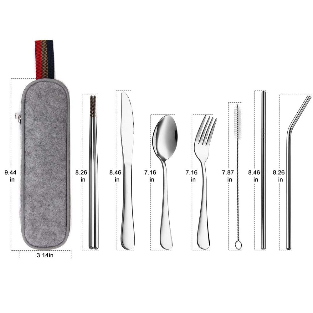 Serviesje Reizen Camping Bestek Set Herbruikbare Zilverwerk met Metalen Stro Lepel Vork Eetstokjes en Draagbare Case