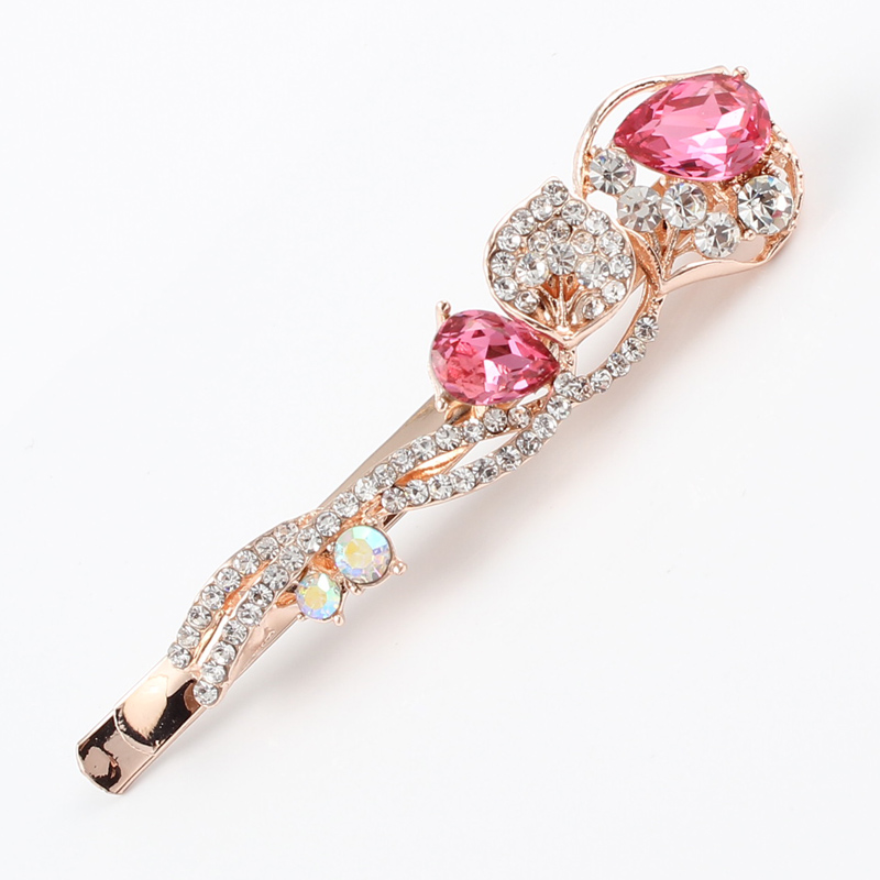 1 PC hair clip women flower rhinestones blue pink purple girls brand hairclip K9 crystal stones golden alloy head jewelry: Pink