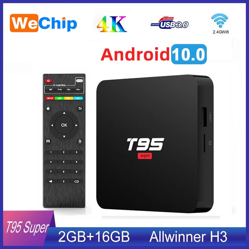 Android 10 smart tv box  t95 super smart android tv box allwinner  h3 gpu  g31 2gb 16gb wifi wireless 4k youtueb hd medieafspiller