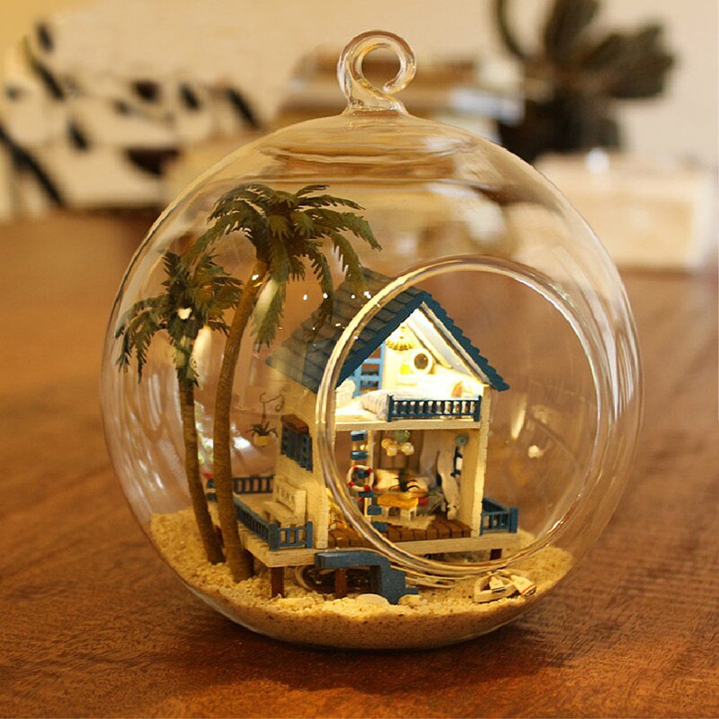 Diy poppenhuis miniatuur poppenhuis met meubels glazen bol huis voor poppen model casa verjaardag speelgoed voor kinderen  b006 # e: B002