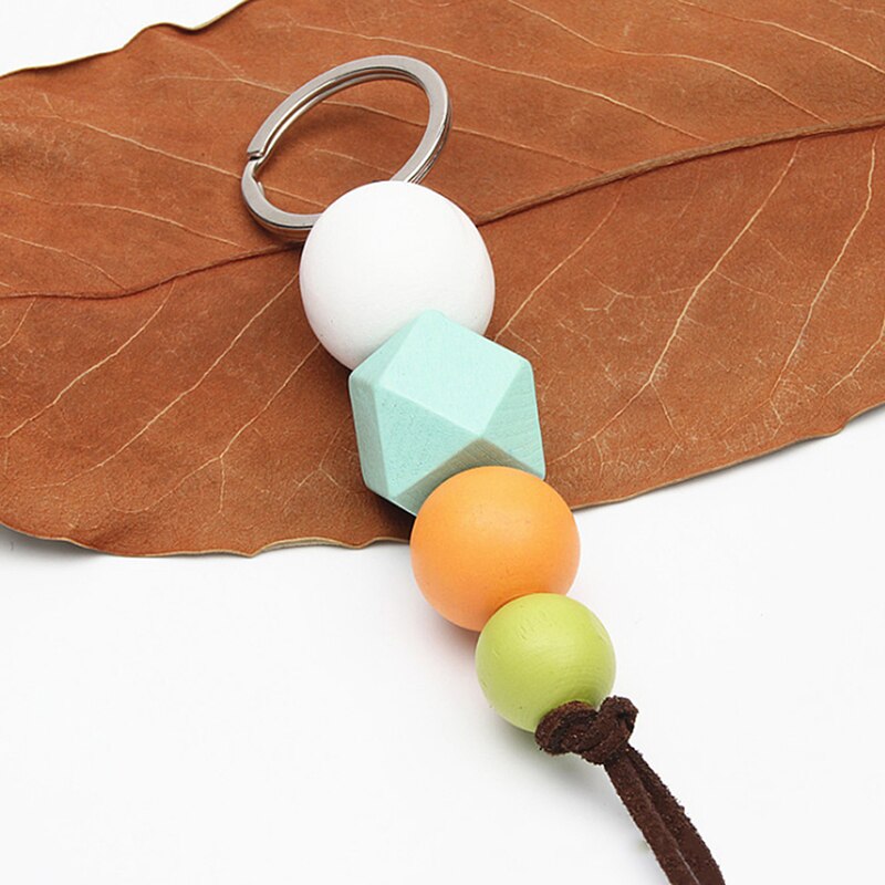 Multicolor Geometric Wood Beads Keychain For Bag Round Wooden Beads Keyrings Bag Accessories